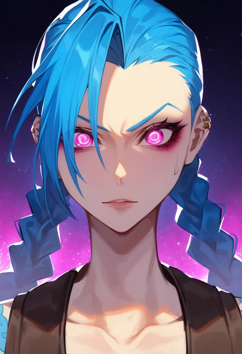 (score_9, score_8_up), (intense face focus:1.3), Jinx from Arcane and League of Legends, (portrait, vibrant anime style:1.2), (blue hair, twin braids:1.3), face adorned with piercings, wild and expressive gaze, manic expression, bold and striking colors, highly detailed eyes and makeup, inspired by Rossdraws cartoon style, (Artgerm, Atey Ghailan, Guweiz influence:1.2), (extremely detailed skin texture and shadows), rich color saturation, dynamic lighting, intricate facial details, intense highlights on eyes and lips, vibrant expression, cinematic lighting, (anime aesthetic:1.5), crisp linework, glowing skin tones, ethereal and atmospheric background blur, high-resolution detail, (8k, 4k quality), dramatic shading and contrast, color intensity similar to Ross Tran’s work.