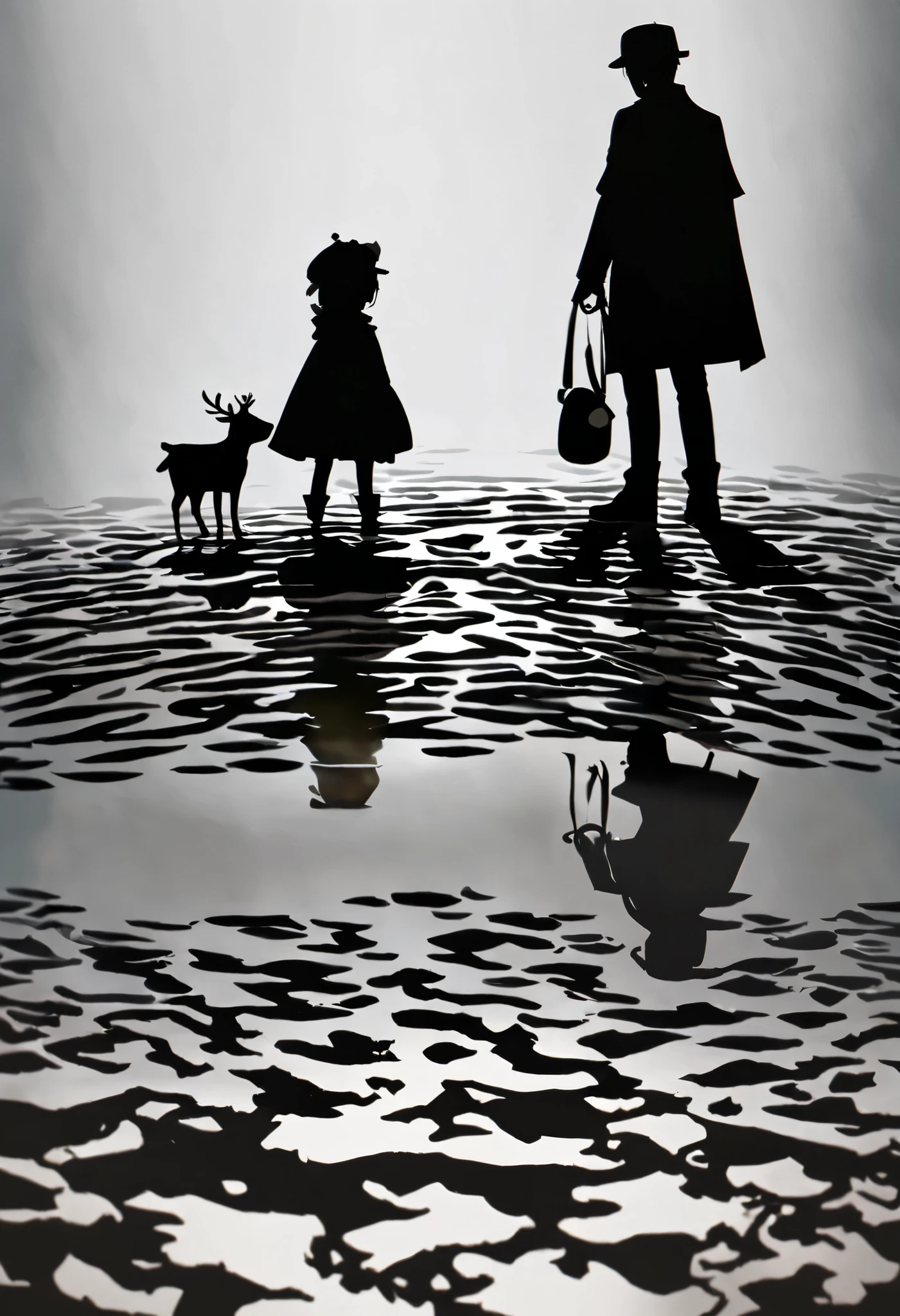 1 toddler，whole body，Silhouette， black background，Ripples under the feet ， black figures ，Holiness， characters take up a small area ，Grey long hair，Sherlock Holmes Deerstalker Hat，cloak，boots，Handsome，Gray light