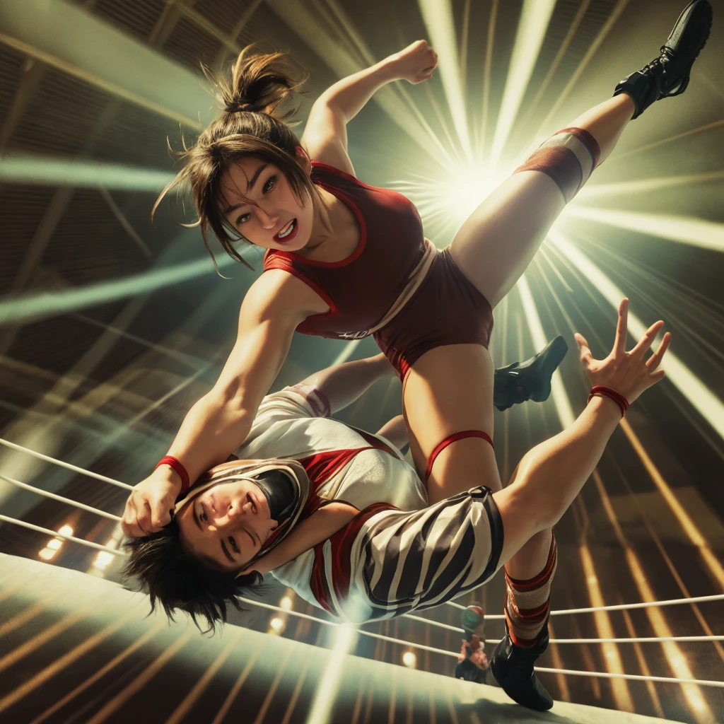 Camera zooms out quickly to reveal the full body red suit of a powerful sci-fi angel with majestic red mechanical metal wings as she performs a perfect somersault mid air while brandishing her katanas in dynamic motion, her hair is and her wings are flapping accurately, camera pans out center 