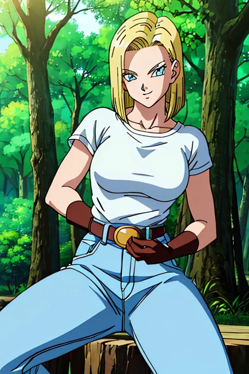 (masterpiece,Best Quality, 4K, 8k,  kampala, masterpiece:1.2), Super detailed, (Realistic, photoRealistic, photo-Realistic:1.37) , Dragon Ball Android No. 18,Created in Dragon Ball anime style,Her hair is bright gold, medium hair,Show your forehead,Android 18 hairstyle,(Realisticな肌),smile, beautiful skin , Charming, beautiful details in her eyes ,Beautiful light blue eyes, looking at the camera,cowboy,jeans,Tucked in, jeansベスト,gloves,forest,Sunshine spot 1.2,アートスタイルはCharmingなアニメスタイルに似ている, rendering, HDR must be added for better visual effects  ,Ultra delicate,  STUDIO LIGHTING , Fine painting,  sharp concentration, 物理ベースrendering, professional,  bright colors ,(((Best Quality))), ((Super detailed)),((masterpiece:1.5)), Detailed Photos, (Best Quality: 1.4), Ultra delicate, High image quality,Perfect means,Perfect body,Perfect means