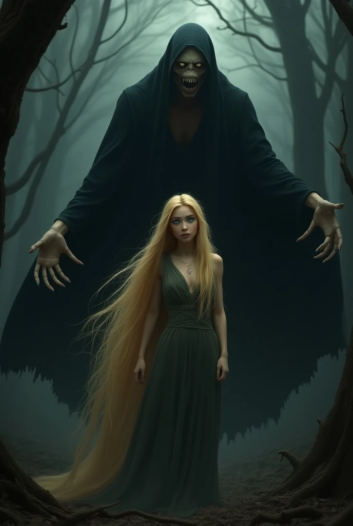 teenage evil witch with dark magic.  She has blonde hair and sky blue eyes. Thin black lips curled into a smile. She is wearing a black goth dress. She is attacking Harry Potter with her summoned demons. Lots of blood and gore.