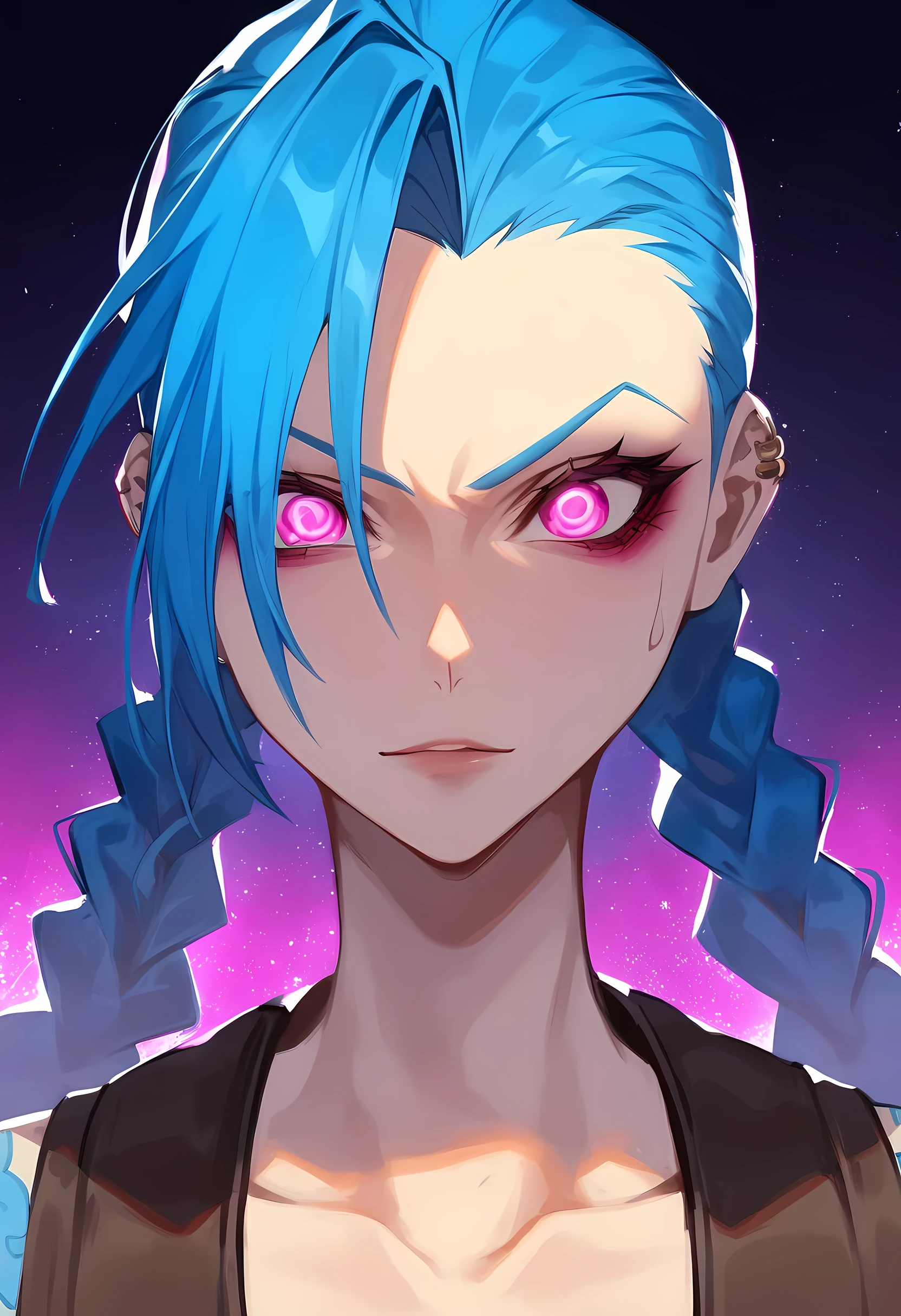 (score_9, score_8_up), (intense face focus:1.3), Jinx from Arcane and League of Legends, (portrait, vibrant anime style:1.2), (blue hair, twin braids:1.3), face adorned with piercings, wild and expressive gaze, manic expression, bold and striking colors, highly detailed eyes and makeup, inspired by Rossdraws cartoon style, (Artgerm, Atey Ghailan, Guweiz influence:1.2), (extremely detailed skin texture and shadows), rich color saturation, dynamic lighting, intricate facial details, intense highlights on eyes and lips, vibrant expression, cinematic lighting, (anime aesthetic:1.5), crisp linework, glowing skin tones, ethereal and atmospheric background blur, high-resolution detail, (8k, 4k quality), dramatic shading and contrast, color intensity similar to Ross Tran’s work.