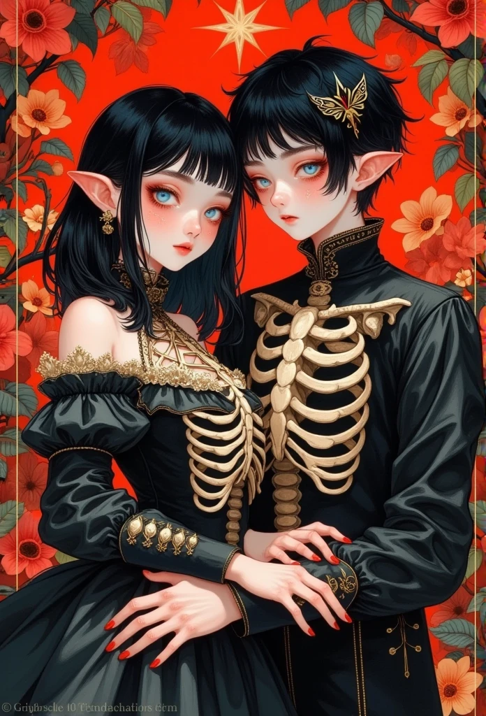 an anime couple with a skeleton on their chest, in the style of naturalistic, atmospheric animal paintings, redshift, warm color palette, layered portraits, dragon art, light black and red, dark azure and orange,hyper detail,