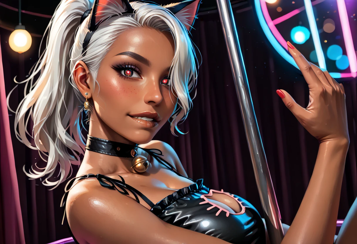 score_9,score_8_up,score_7_up, 1girl, Beautiful, Curvy, Tall, Mature, (Medium Breasts: 1.3), (Dark Skinned Dark Tan Dark Cat Woman: 1.3), (White Cat Ears and Tail: 1.3), (Dancing on a stripper pole, sitting, grabbing the pole, Legs spread wide, legs up, in strip club surrounded by neon nights and strobing lights: 1.3), (Long White Hair Over One Eye in ponytail: 1.3), Red Eyes: 1.3, (Heart Pupils: 1.3), has shine, double eyelids, detailed irises, Tall, Curvy, Body, (Black Latex cat lingerie, choker, neck bell: 1.3), Black Latex Thighhigh Stiletto High Heels: 1.3, Black lipstick: 1.3, Black Eyeshadow: 1.0, hyper detailed, 16k, light and shadow on skin, vivid colors, Lustful Expression, perfect lips, sexy mature face, lots of freckles all over body, full voluptuous pouty lips, extreme blush, Looking at Viewer, eyes half open, (Biting Lower Lip: 1.3), (Close-up_from_side: 1.6), extremely detailed, ray tracing, RTX, high saturation, high contrast, photon mapping, ((sharp image)), ((best quality)), ((detailed background)), ((intricate details))
