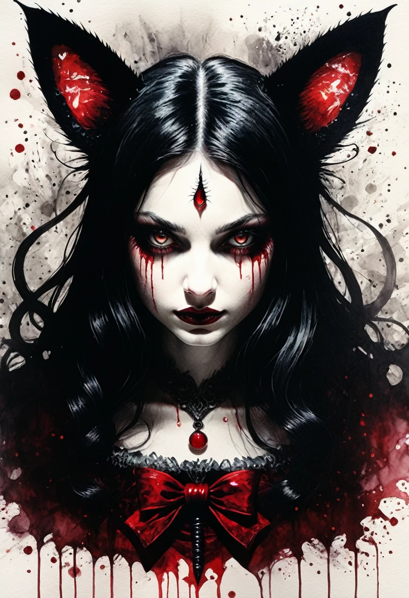 Cheshire de Alice: Madness Returns, trippy, psychotic, ominously tempered, violent ant homicidal, dark art, watercolor and sharpies, unflinchingly frightening esthetic overbearingly visceral feel like a Thorn in her eyes 