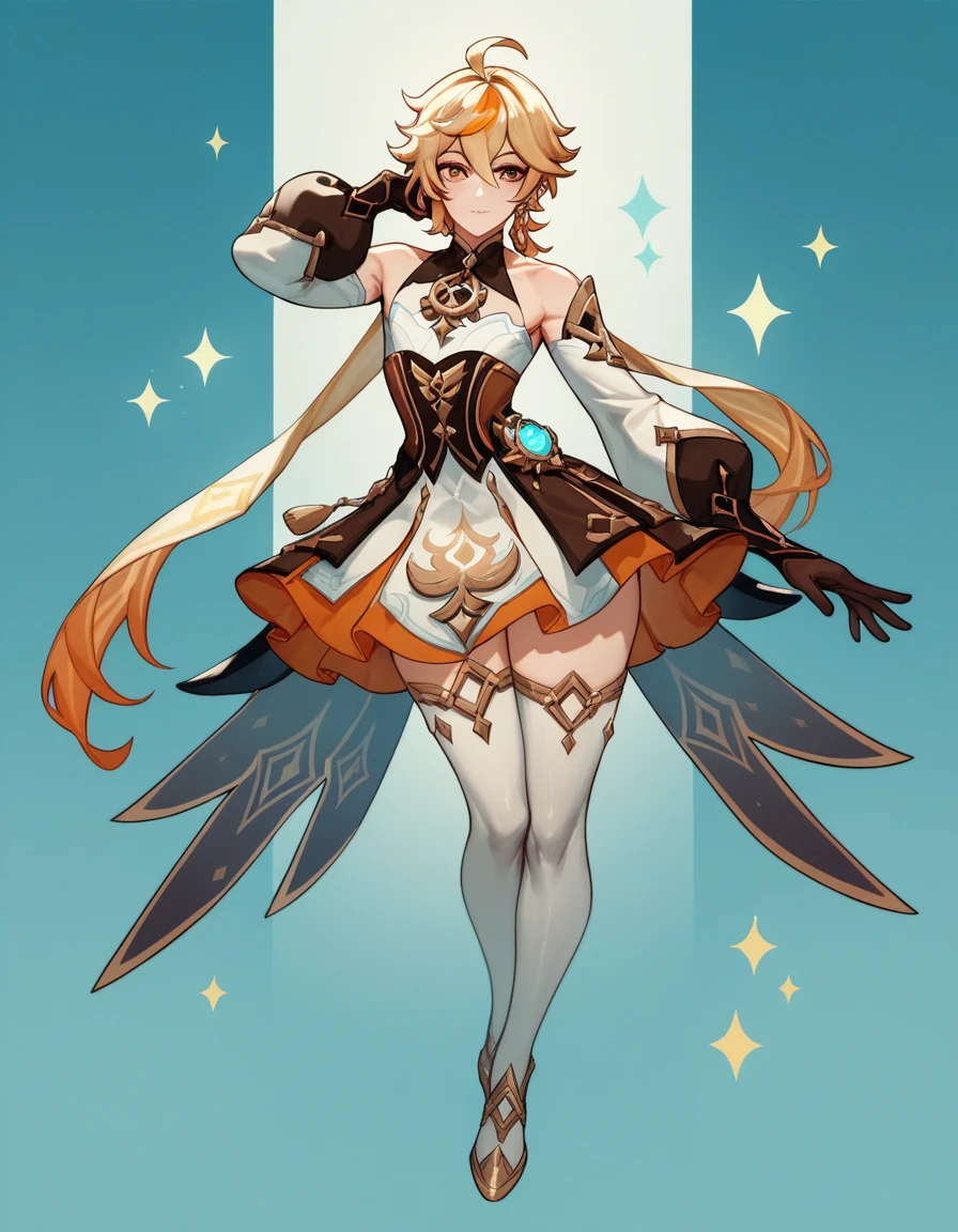 pointy ears,Long beige hair,one-girl,Bigboobs,fox ear,Two legs,White knee-length stockings,(middle parted hairstyle),Sideburns have long hair,Star decoration,