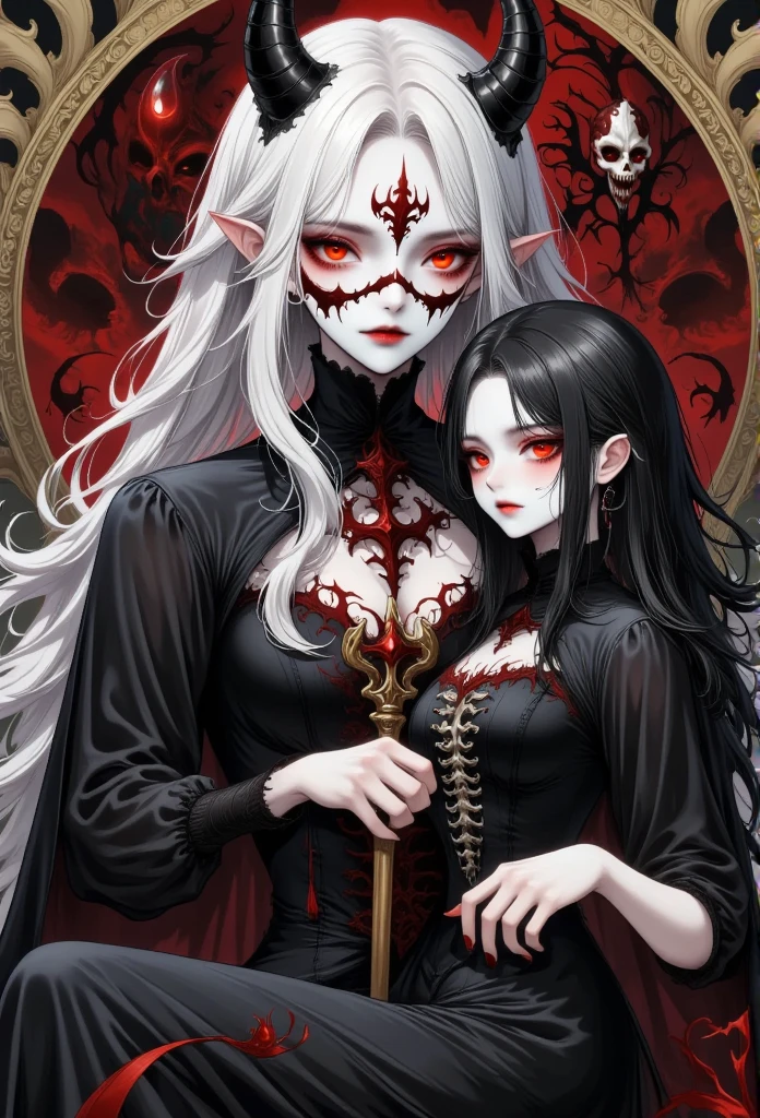 an anime couple with a skeleton on their chest, in the style of naturalistic, atmospheric animal paintings, redshift, warm color palette, layered portraits, dragon art, light black and red, dark azure and orange,hyper detail,