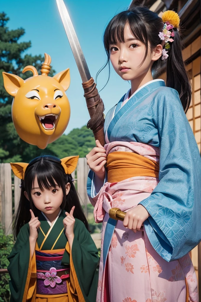 2 boys, 1 boy has yellow hair and and orange kimono, 1 boy has reddish hair and a black and green kimono, handing over a riceball, forest in the background