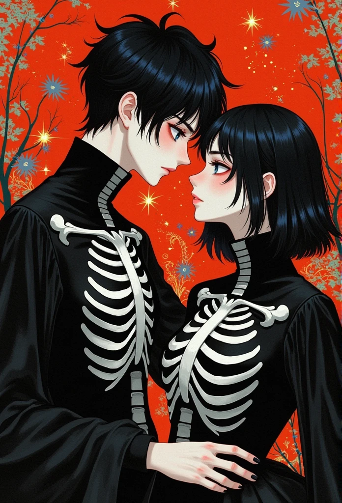 an anime couple with a skeleton on their chest, in the style of naturalistic, atmospheric animal paintings, redshift, warm color palette, layered portraits, dragon art, light black and red, dark azure and orange,hyper detail,