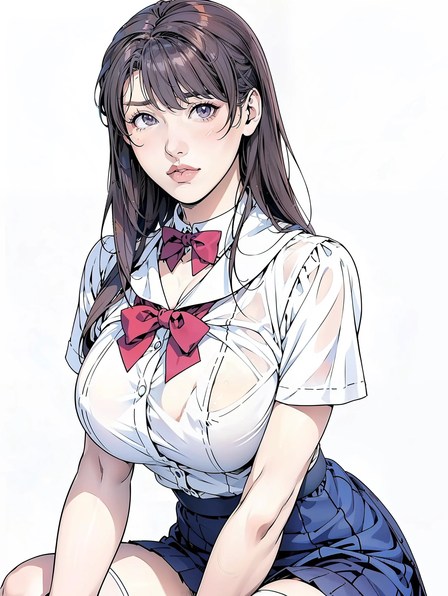 (Highest quality、Masterpiece、8K、Highest quality、Hyperrealism)、(A high school girl wearing a white blouse and a navy skirt:1.2),( Red bow tie on chest:1.1)、Long eyelashes, Good style、Her breasts are also quite large, Anime Style, Beautiful anime school girl, Realistic high school girl, Emphasize large breasts, Smooth anime CG art, a hyperRealistic , hyperRealistic , Enchanting anime girl, Realistic , Smooth anime CG art, Anime girl sitting, Beautiful anime school girl, Beautiful anime girl crouching, Beautiful and attractive anime teen, photoRealistic anime girl render、(The simplest pure white background:1.2)、(Leaning against a pure white wall:1.2)