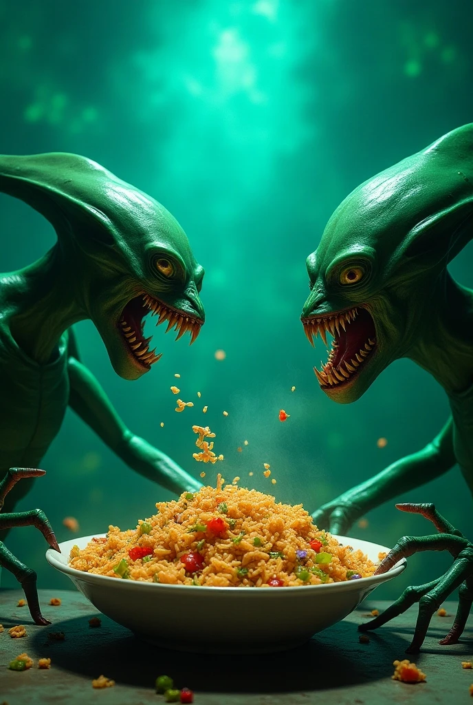 A striking cinematic sci-fi scene featuring a close-up of grotesque alien creatures and insect-like monsters gathered around a table. They are devouring a variety of strange, otherworldly animals, with sharp claws and mouths dripping with slimy saliva. The table is adorned with futuristic silverware and a backdrop of neon lights and advanced technology. The overall atmosphere is dark, eerie, and intense, with a sense of tension and danger., cinematic