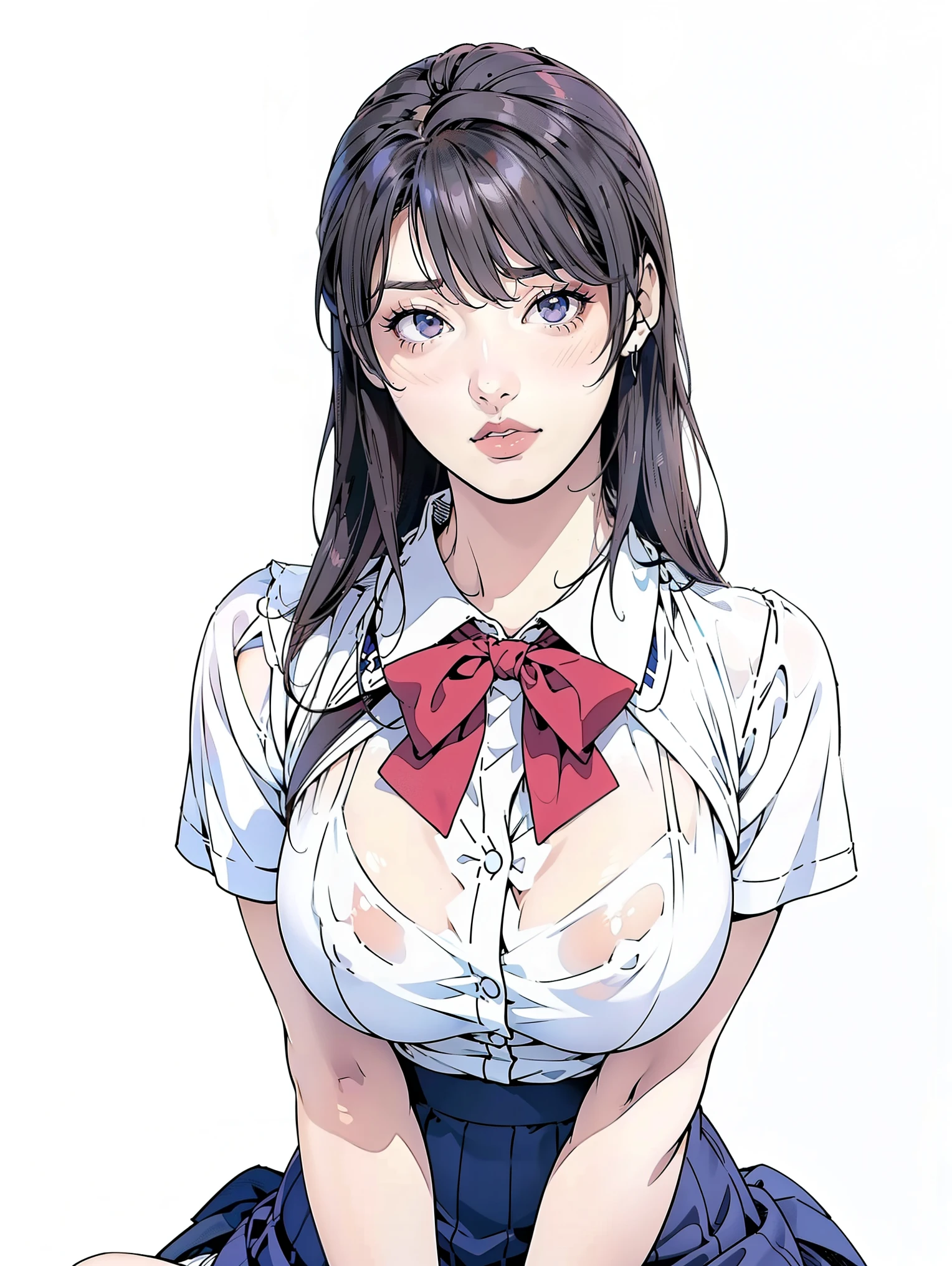 (Highest quality、Masterpiece、8K、Highest quality、Hyperrealism)、(A high school girl wearing a white blouse and a navy skirt:1.2),( Red bow tie on chest:1.1)、Long eyelashes, Good style、Her breasts are also quite large, Anime Style, Beautiful anime school girl, Realistic high school girl, Emphasize large breasts, Smooth anime CG art, a hyperRealistic , hyperRealistic , Enchanting anime girl, Realistic , Smooth anime CG art, Anime girl sitting, Beautiful anime school girl, Beautiful anime girl crouching, Beautiful and attractive anime teen, photoRealistic anime girl render、(The simplest pure white background:1.2)、(Leaning against a pure white wall:1.2)