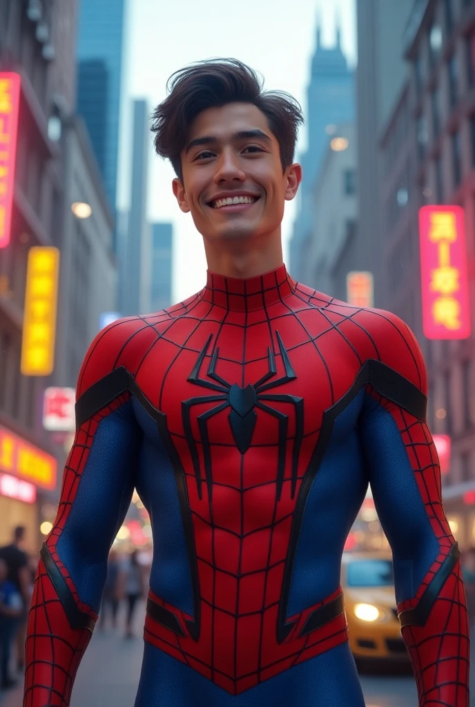 (one), (man), (cowboy shot), spider-man, handsome muscular high school boy, in the park, mischievous smile, (high detail: 1 1), natural skin, high quality, beautiful eyes, (detailed face and eyes), (face: 1 2), noise, real photo, PSD, sharp focus, high resolution 8K, Realistic and professional photos, 8K UHD, soft lighting, high quality, film grain, FUJIFILM XT3