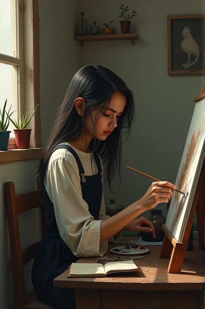 In a quiet studio where light pours in、A woman painting at an easel。She faces the canvas with a concentrated expression.、He is moving the paintbrush in his right hand.。The background of the atelier、There are shelves lined with completed works and paints.、It captures the atmosphere of her creative endeavors.。
