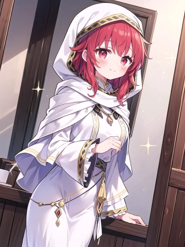 1girl, solo, masterpiece, best quality, perfect hands, smile, blush, closed mouth, lena, white robe, wide sleeves, jewelry, long sleeves, red hair, long hair, red eyes, short hair, curly hair, cowboy shot, hood, hood up, white robes, white capelet, pendant, long dress