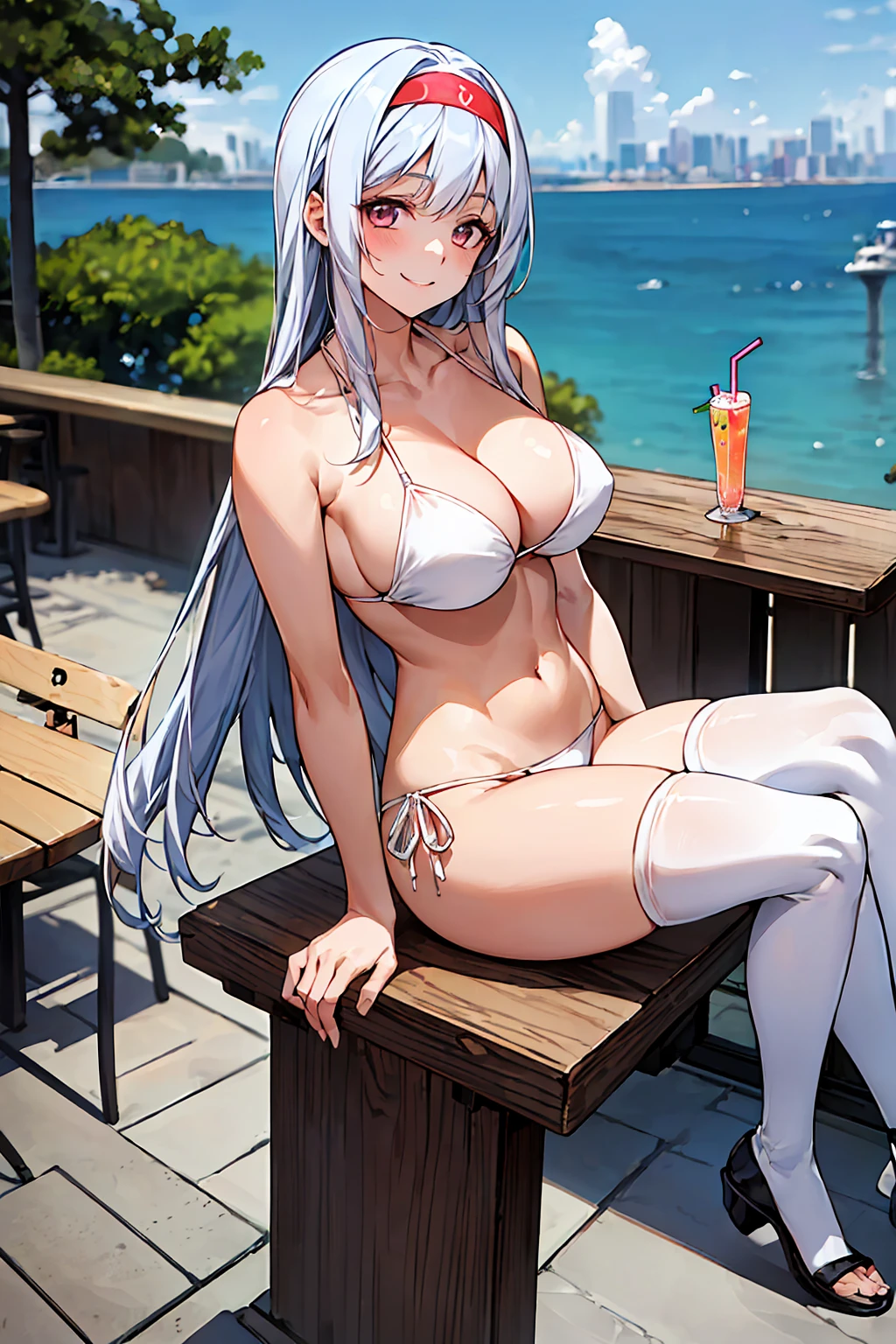 shoukakuKC, long hair,white hair, Highest quality,8k,detailed,F cup bust、Big Breasts、Slim and beautiful arms、Slim body、Very white beautiful skin、((((1 person、smile、Thin white bikini、smile、sit、In the background are the urban buildings of Tokyo、Outdoor café terrace、Drink juice、Cheek resting on hand、coastal、table、looking at the camera、Shooting from an angle、Very cute face、Shooting from a distance red headband,thighhighs,score_9, score_8_up, score_7_up, score_6_up, score_5_up, score_4_up , anime coloring ,BREAK source_anime, anime gal peace,looking down at viewer,(