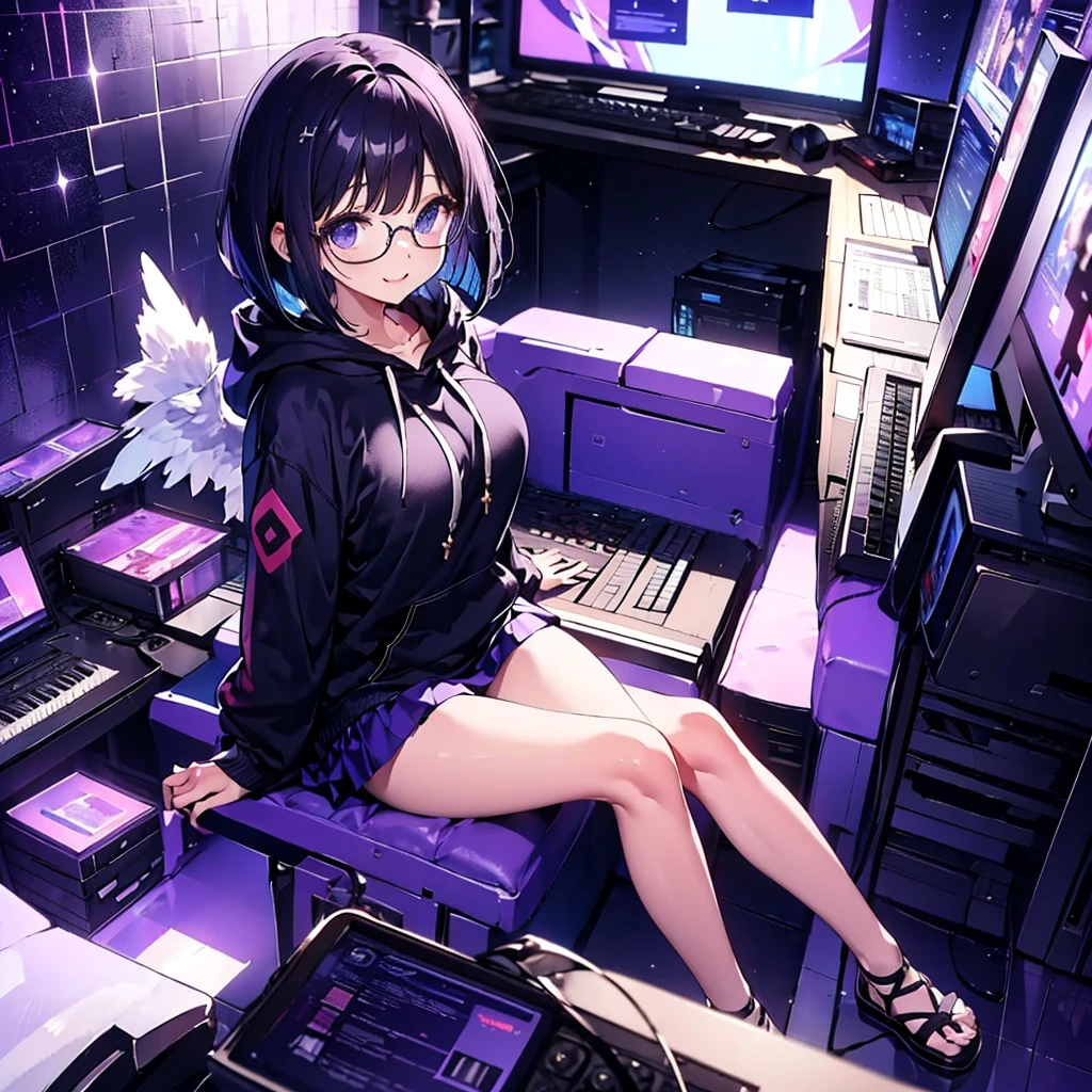 solo1.5、 High Quality、Bird's-eye view from above composition 1 .7、Purple-black bob cut 、 sitting on the purple cube in front of the monitor 、 black hoodie and purple mini skirt 1 .6、 1 with a silver light cube floating in the right hand.7、voluptuous0.6、Angel Girl Sandalphone 1 .8、Confident smile without opening her mouth1 .1、black rimmed glasses 1.4、