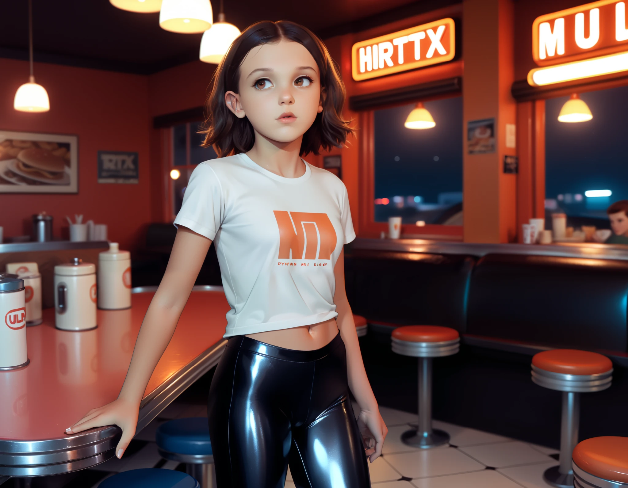 Millie Bobby Brown, , revealing tight plain cotton t-shirt and tight shiny leggings, trainers, standing in a diner at night, (dynamic pose shown from a side view:1.2), medium shot:1.2, highres highly detailed best quality UHD RTX by Ilya Kuvshinov Tom Bagshaw WLOP