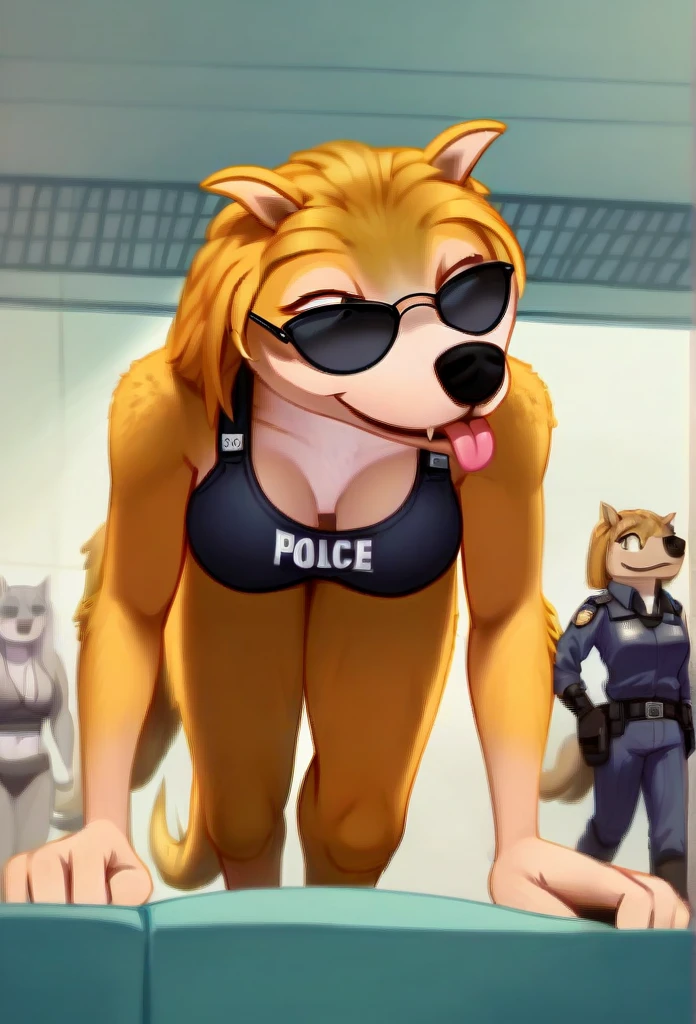  Accurate, Long Hair, Breasts, Wolf Ears, Tongue, Smile, Sunglasses, dark armoured tactical police anthro uniform, dark leather collar with a badge, sniffling luggage, airport terminal, walking on all fours,Smile, Smile, 