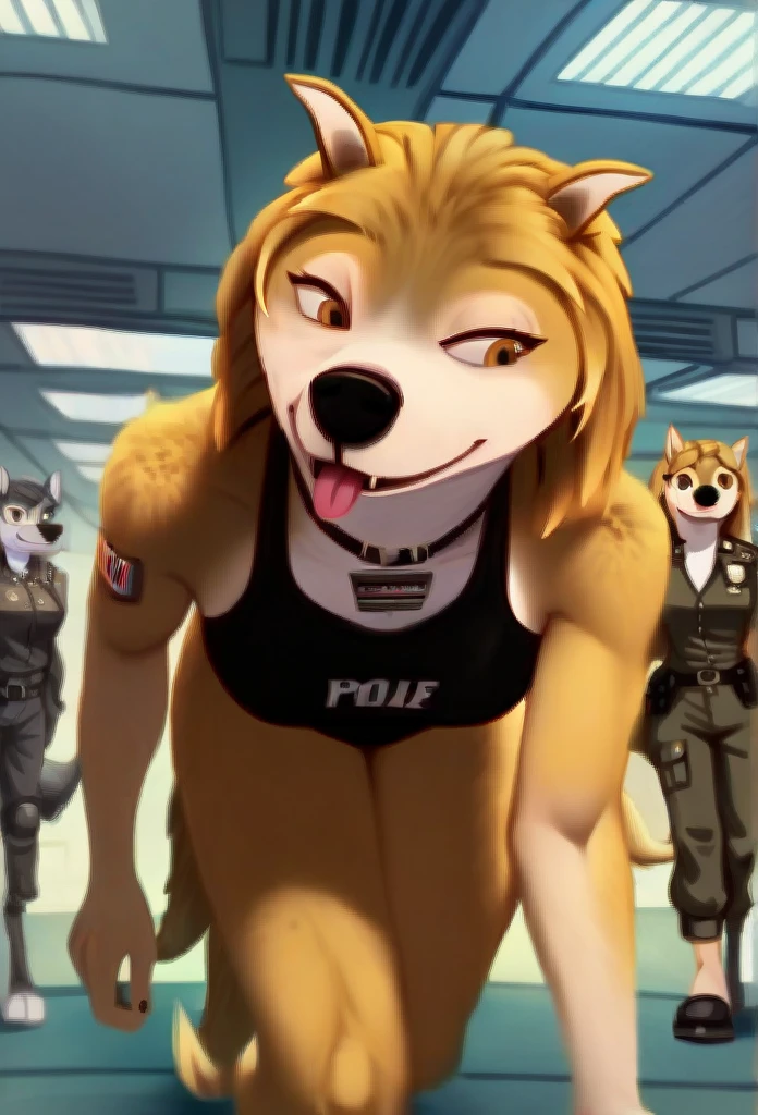  Accurate, Long Hair, Breasts, Wolf Ears, Tongue, Smile, Sunglasses, dark armoured tactical police anthro uniform, dark leather collar with a badge, sniffling luggage, airport terminal, walking on all fours,Smile, Smile, 