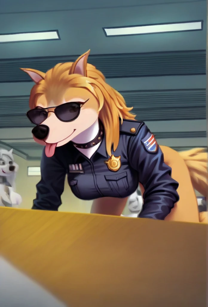  Accurate, Long Hair, Breasts, Wolf Ears, Tongue, Smile, Sunglasses, dark armoured tactical police anthro uniform, dark leather collar with a badge, sniffling luggage, airport terminal, walking on all fours,Smile, Smile, 