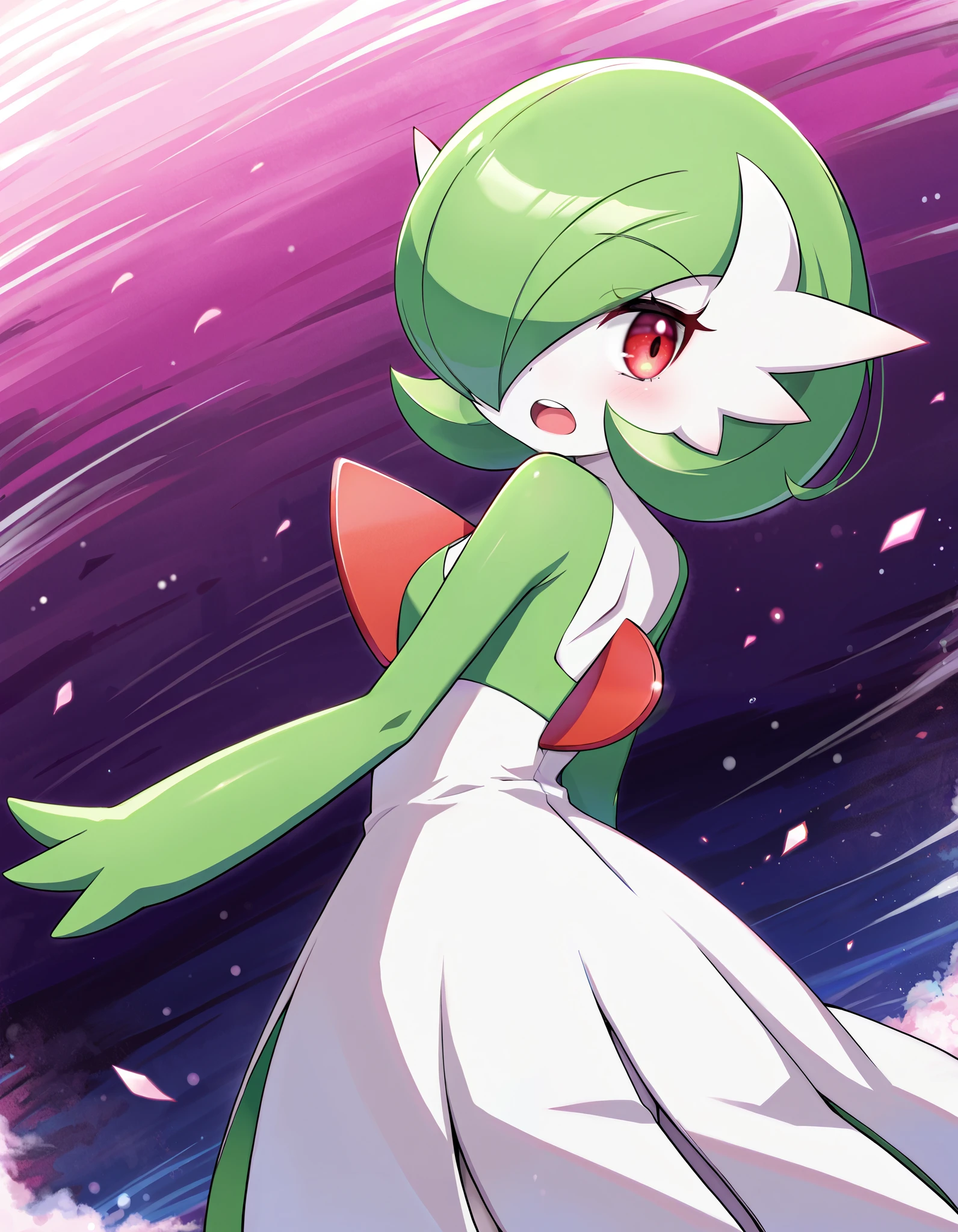 score_9, score_8_up, score_7_up,  rating_safe, best quality, masterpiece, BREAK gardevoir, solo, 1girl, colored skin, gen 3 pokemon, green hair, hair over one eye,  looking back, open mouth,  pokemon (creature), red eyes, teeth, upper teeth only, white skin