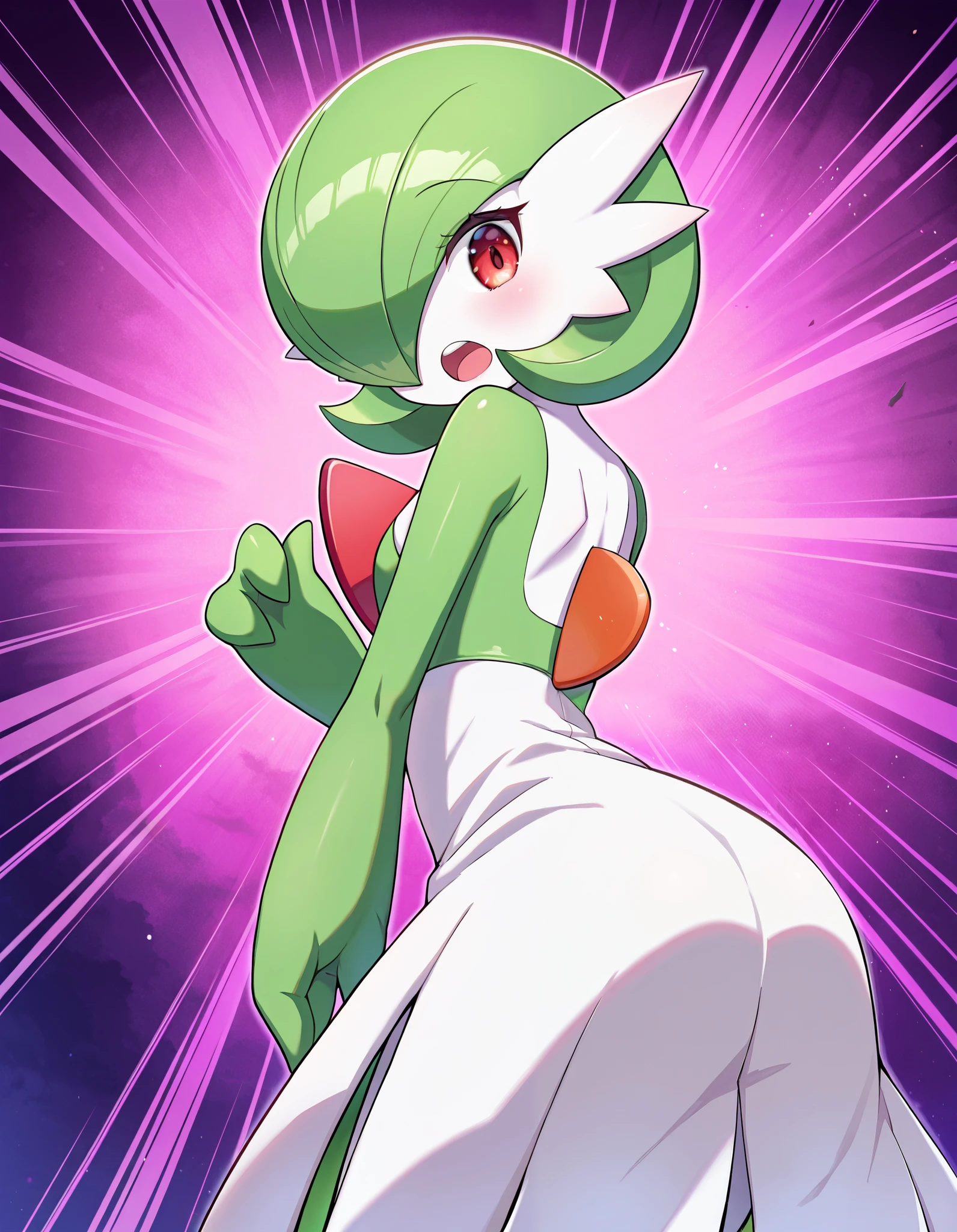 score_9, score_8_up, score_7_up,  rating_safe, best quality, masterpiece, BREAK gardevoir, solo, 1girl, colored skin, gen 3 pokemon, green hair, hair over one eye,  looking back, open mouth,  pokemon (creature), red eyes, teeth, upper teeth only, white skin