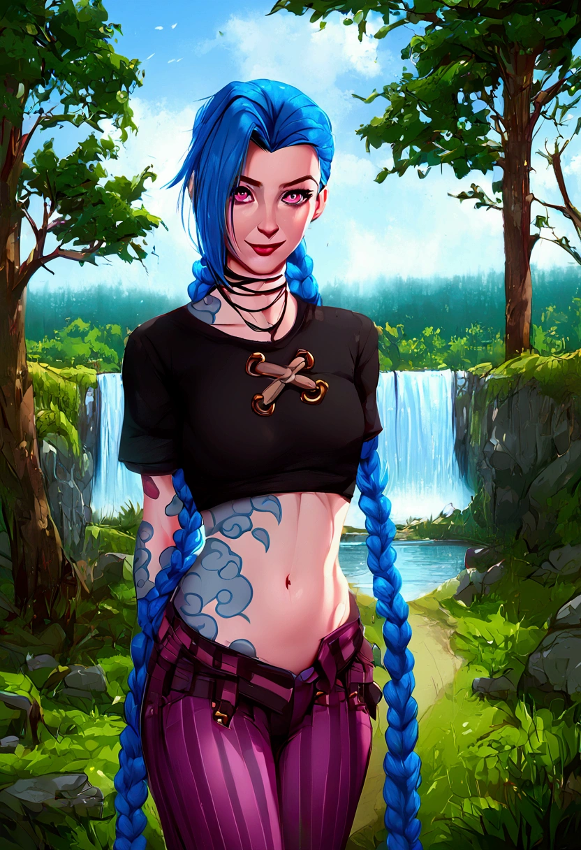 score_9, score_8_up, score_7_up, 1girl, Jinx, 1girl, solo, T-shirt, Navel peek, Jeans, Solo, standing, Looking at viewer, Outdoors, Forest, Tree, Shadow tree, Ripples, Grass, Moss, Nature, Fern, Waterfall, Stream, Rock, Lake, Depth of field, Beautiful scenery