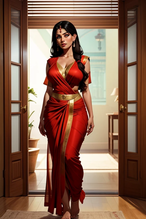 a detailed character portrait of a,A young Hindu woman with long thick black hair silky up to her waist, brown eyes, almond-shaped skins, piercings on the nose and ears, full lips, round face, wearing sari conservative, big breasts, wide hips, thick thighs, bare feet, standing staring at the viewer, home scene Hindu.Cinematografia, Cinematográfico, Hiperdetalhado,  full body photo, character reference sheet, character profile