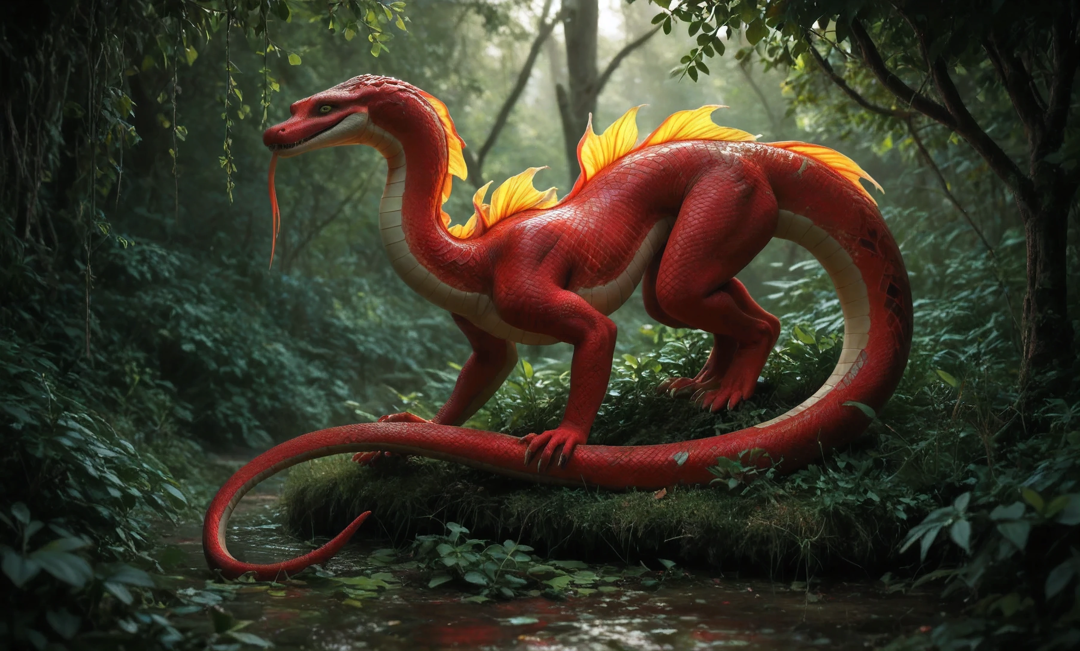 There is a red dragon statue in the middle of a forest - SeaArt AI