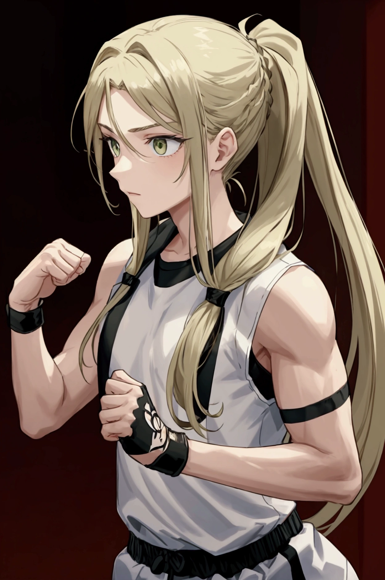  English boy with long blond hair tied in a ponytail, olive green eyes, boxing training 