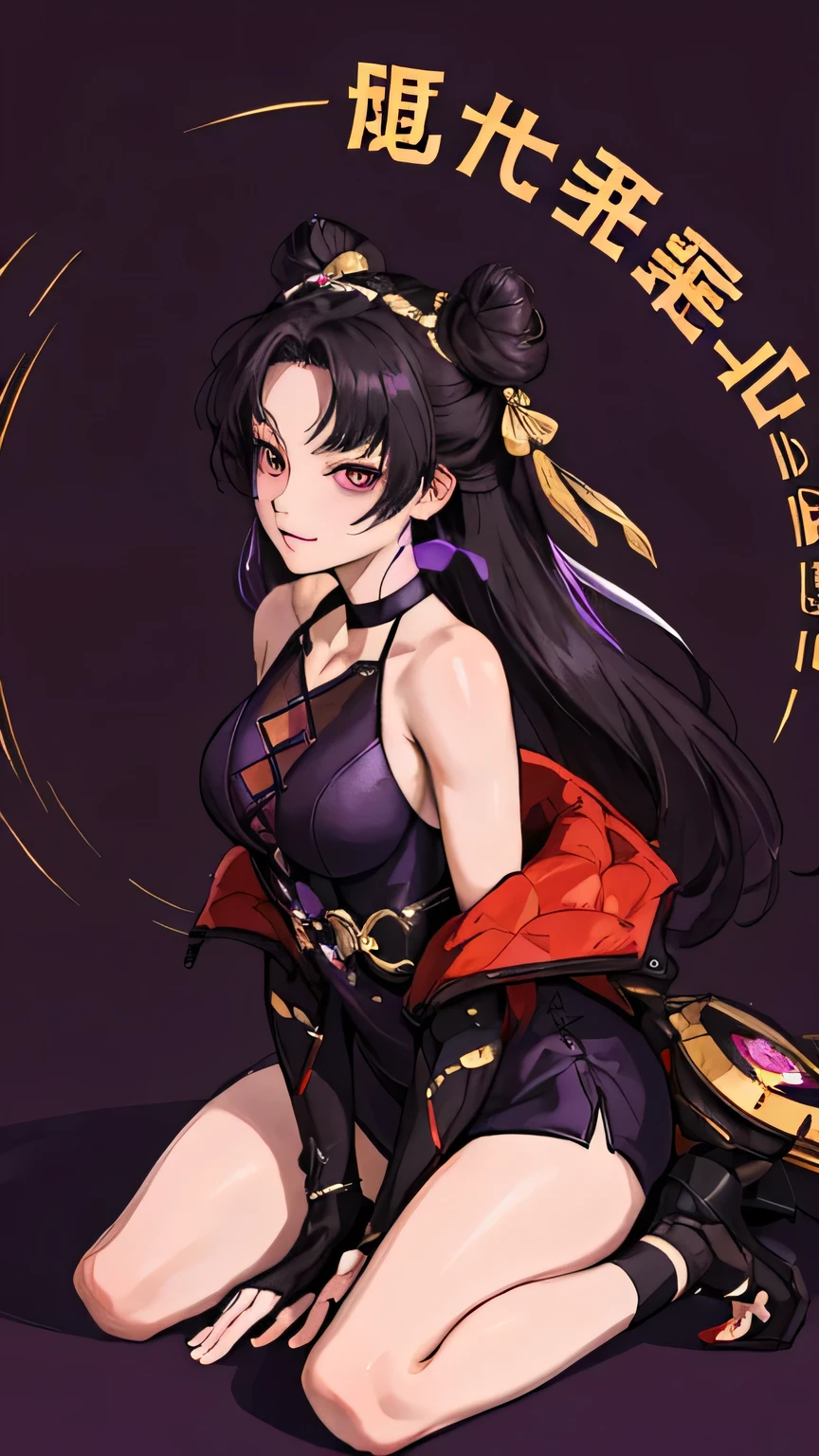 Masterpiece , best quality, 1 Xiao Wu , Face Color Looks Cool , Strong, Golden Left Eye , Red Right Eye , Long hair, Black hair, Firm Eyes , foxy eyes , Front Photo , simple background, purple Background , Anime, illustration, Full body , bun hair , sit on purple garden , full detail 