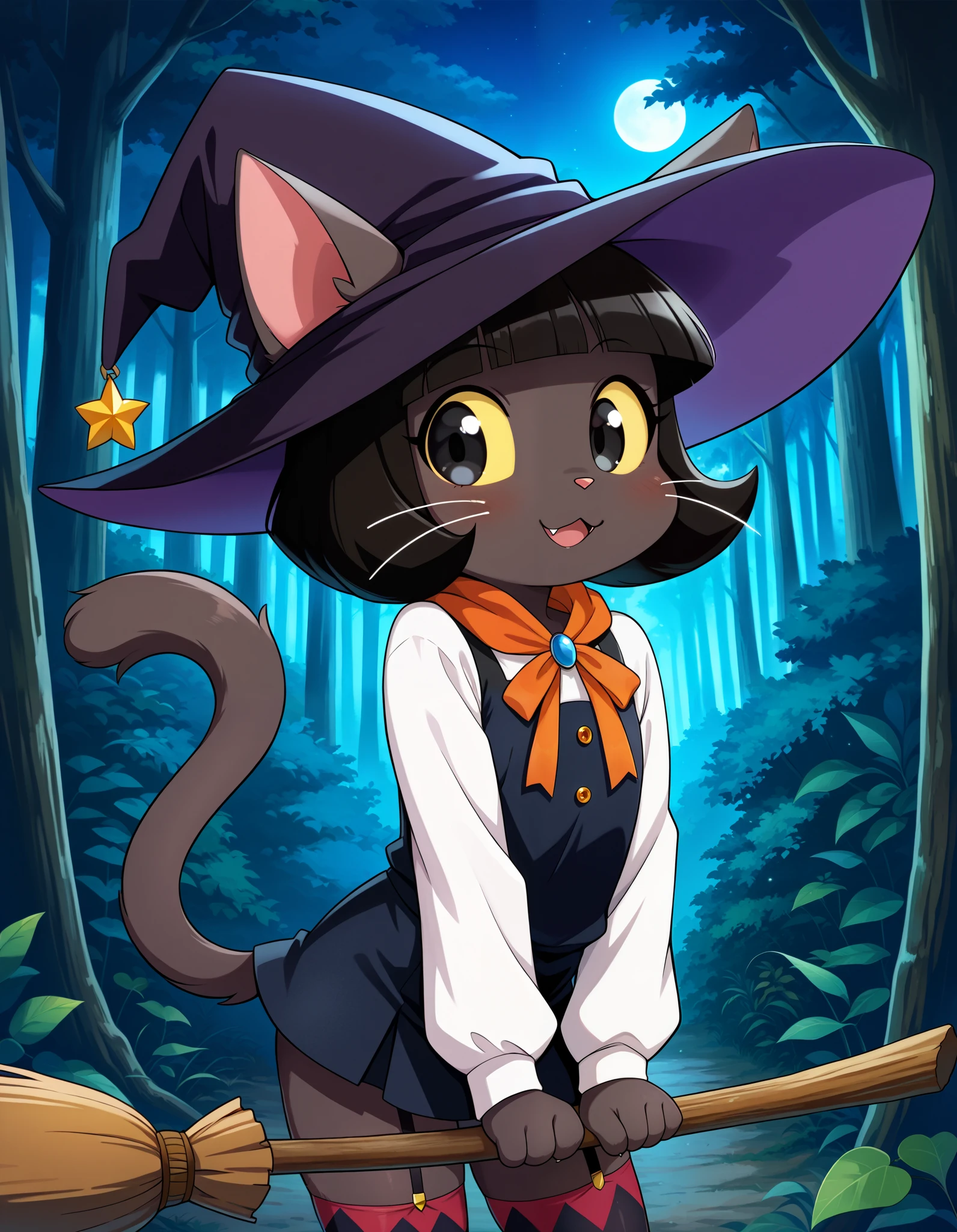 score_9, score_8_up, score_7_up, source_furry, solo, high detail, 4k, high resolution, Detailed background, spooky forest, night, (Ivy pepper, blunt bangs, black eyes, yellow sclera, furry, dark skin, dark fur, anthro cat, whiskers, cute), (witch hat, witch outfit, stockings) 