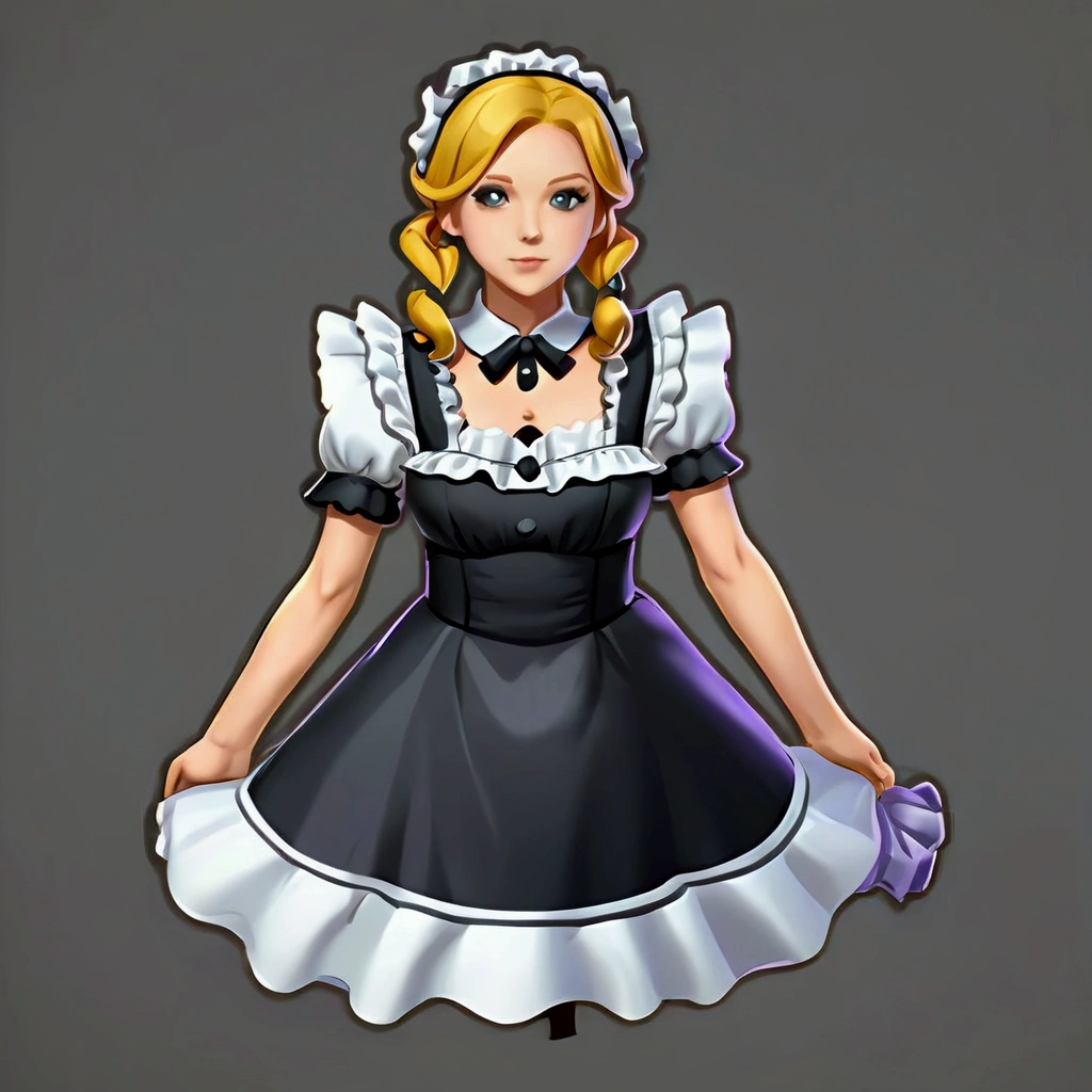 2d icon. sexy maid dress with ruffles, game icon, simple background, cutout, deep cut, thick lines, black outline around the icon, cel shading