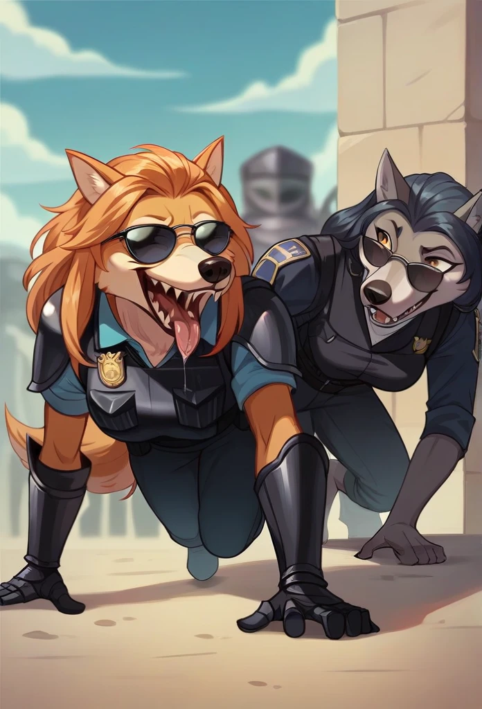 Open Mouth, Accurate, Long Hair, Breasts, Wolf Ears, Tongue, Smile, Sunglasses, dark armoured police anthro vest, sniffling the viewer, drool over the tongue, walking on all fours 