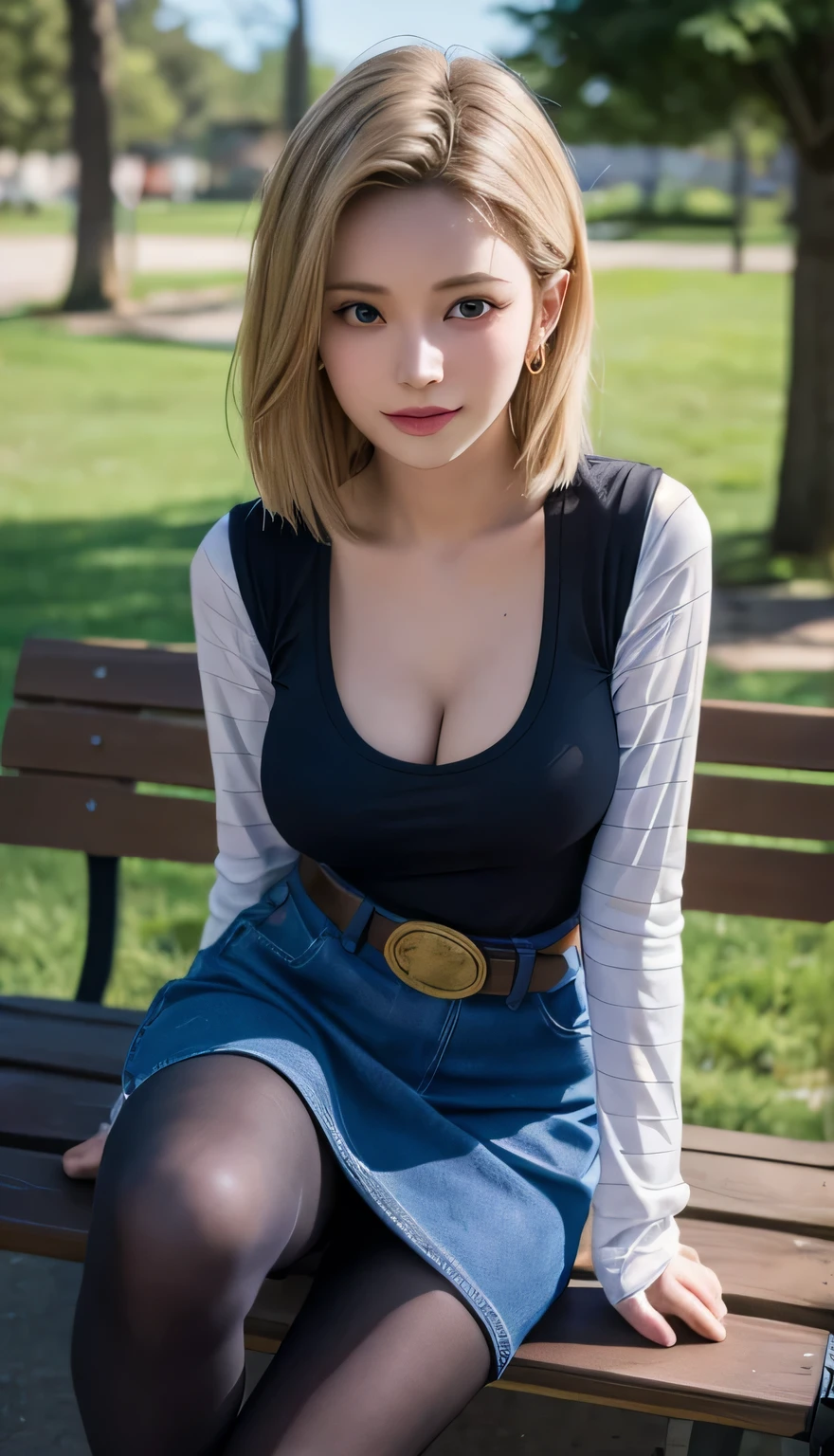 Android 18, Light Blonde hair, Medium Bob hair, Blue eyes, Wearing earrings, Long sleeves, Light blue denim mini skirt, Light blue mini denim vest, Black T-shirt with high cleavage, Big breasts, Belt, Dark brown see-through pantyhose, Western short boots, Looking at viewer, Slight smiling with closed lips sitting, On bench, She raised her right leg and gently placed the heel of her right boot on another very low bench in front of her, Blue sky, sit on a bench, outside, park, grass, Summer, trees, blue sky, high quality, masterpiece,