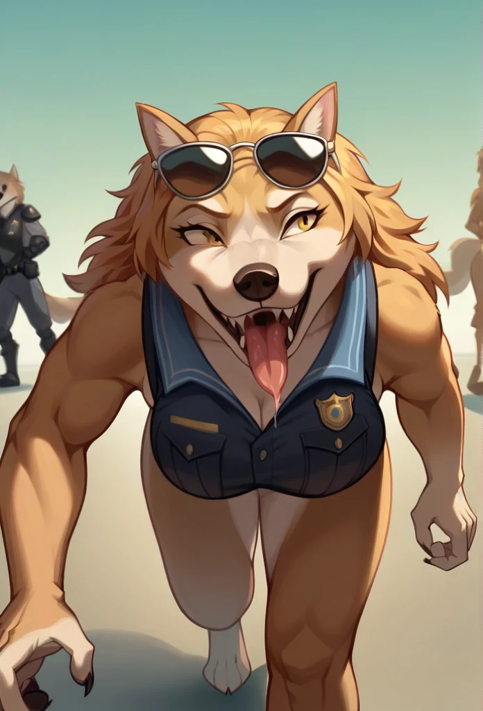 Open Mouth, Accurate, Long Hair, Breasts, Wolf Ears, Tongue, Smile, Sunglasses, dark armoured police anthro vest, sniffling the viewer, drool over the tongue, walking on all fours 