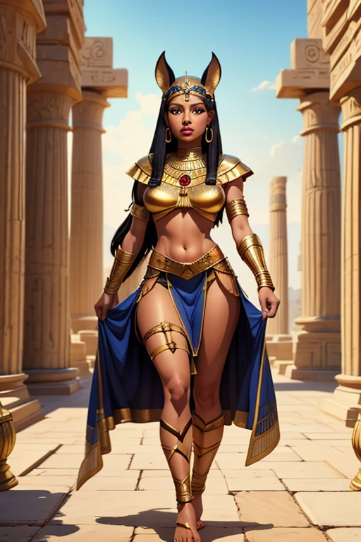 a detailed character portrait of a,Aa beautiful Egyptian princess with dark skin, sensual Egyptian princess, light yellow eyes, round face, large bust, wide hips, thick thighs, barefoot holding a long sword with a thin blade, wearing the clothes of an Egyptian princess, Egyptian temple scene dedicated to Bastet, looking at the viewer,Realismo, Hiper-realismo, Hiperdetalhado, Design de personagens, Cinematográfico,  full body photo, character reference sheet, character profile