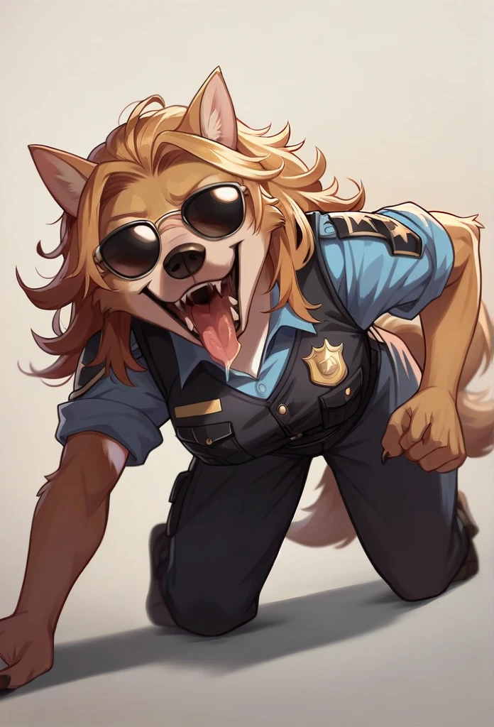 Open Mouth, Accurate, Long Hair, Breasts, Wolf Ears, Tongue, Smile, Sunglasses, dark armoured police anthro vest, sniffling the viewer, drool over the tongue, running on all fours 