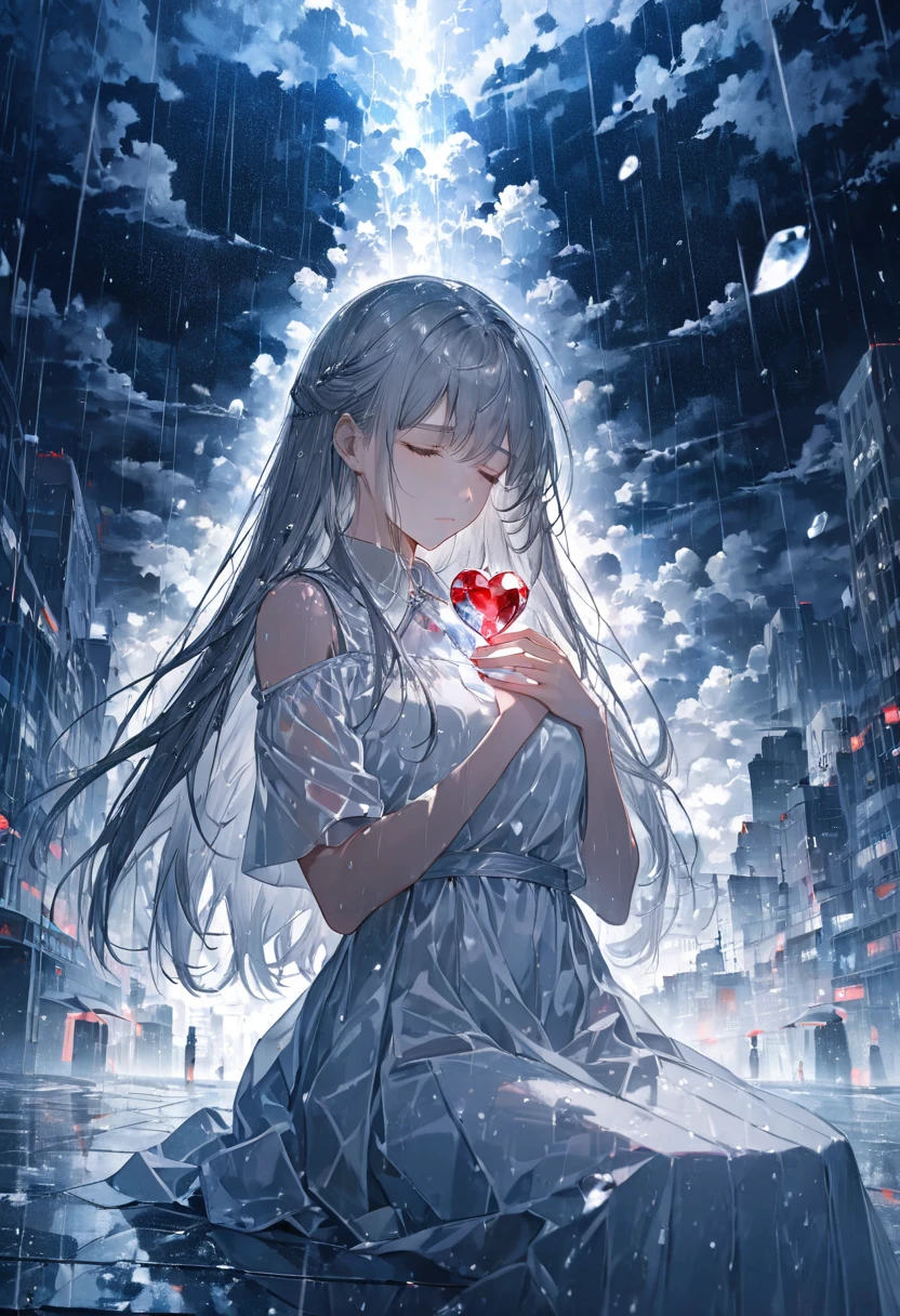 Anime Style,. upper body, cowboy shots,Pétanelle Seated Grey Hair ,Long Hair,  A masterpiece with clouds , close your eyes , Holds a Depressed Crystal Heart,Shining Bright Red , White Outfit Hugging Your Chest , White Drop Shoulder Shirt ,  noble atmosphere, Sadness , The background is a black and white city,It rains, High Angle Masterpiece ,Best Quality,Exquisite,8k,  absurd, super detailed illustrations on white paper ,( Viewers )