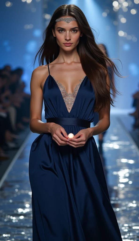 4k ultra hd, masterpiece, 1 girl with beautiful crystal dress, beautiful face, detailed eyes, detailed hair, glossy lips, medium breasts, crystal dress blue, strap dress (shining dress, attractive pose, light brown hair, at big fashion runway