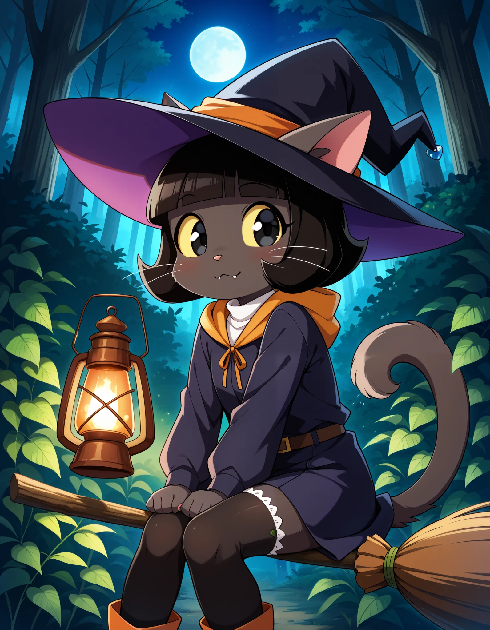 score_9, score_8_up, score_7_up, source_furry, solo, high detail, 4k, high resolution, Detailed background, spooky forest, night, (Ivy pepper, blunt bangs, black eyes, yellow sclera, furry, dark skin, dark fur, anthro cat, whiskers, cute), (witch hat, witch outfit, stockings) 