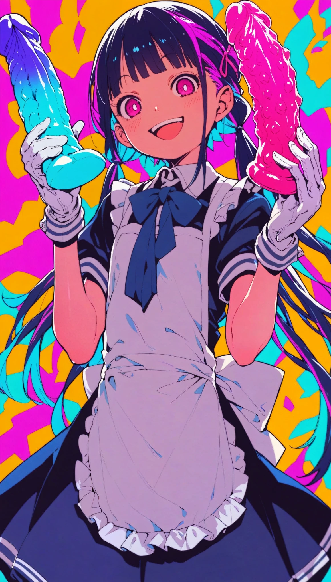 Smiling young female, long apron, school uniform mixed gothic, 張り詰めた tits , colorful glowing 2 big dildo colored rainbow in both hands, white glove,