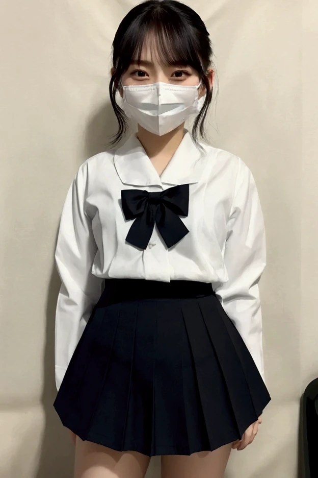 Highest quality、Ultra-high resolution、RAW Photos、(Shooting from above)、Professional Lighting、Detailed Background、In the classroom、full body,Makima、25-year-old female、(High tone cherry pink hair)+(Long braided hair)+(bangs)、(Yellow Eyes)、(Japanese high school girls uniform)、(Uniform ribbon:1.1)+(White shirt:1.1)+(Blue checkered pleated skirt:1.2)、Large Breasts、(Huge breasts that look like they might burst:1.1)、(Big thighs:1.1)、Beautiful Skin、Wide-open eyes、A sloppy smile、Model pose、Wear a black mask、Wide-open eyes、Beautiful double eyelids