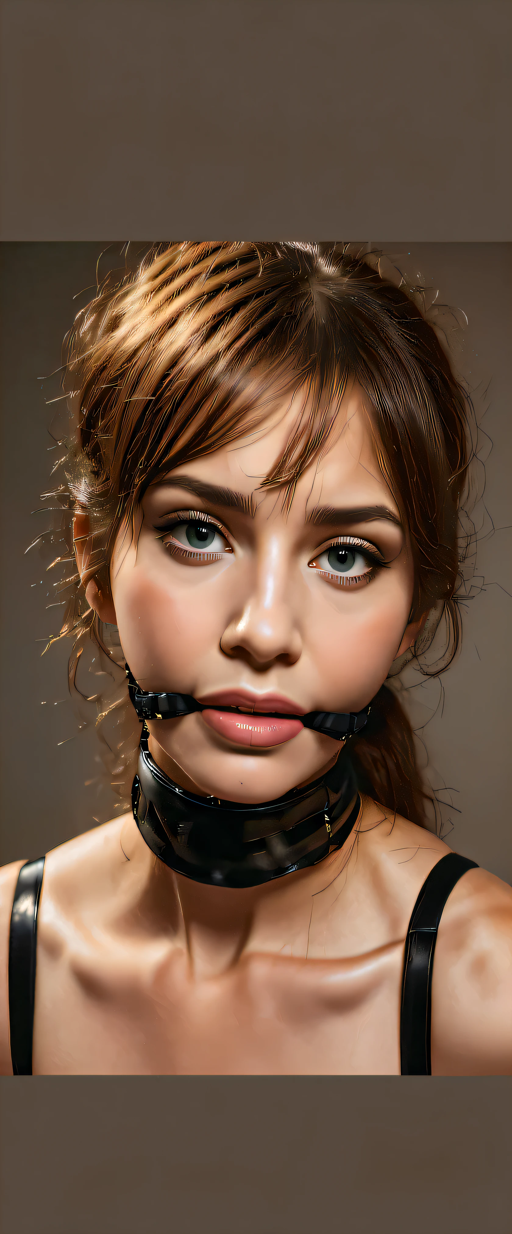 sfw:2,(best quality, highres:1.2), ultra-detailed, realistic:1.37, ((A close up of a mature woman)),portraits, closeup_portrait:1.3,face:1.4,detailed eyes and face, long eyelashes, beautiful detailed lips, playful expression, black leather ballgag, smooth and shiny texture, fine details on the ball gag straps, vibrant color palette, soft and diffused lighting, dramatic shadows, high contrast, intense gaze, subtle blush on cheeks, flawless complexion, glossy lips, ((((((((drooling)))))))),saliva_dripping_from_mouth:2,open mouth,wide open eyes,extremely detailed face,beautiful detailed eyes,beautiful detailed lips,extremely detailed skin,wet lips,((((((viscous saliva))))))),8((((((glistening saliva))))))),shiny wet lips,shiny wet skin,extremely realistic,tousled hair, neutral background