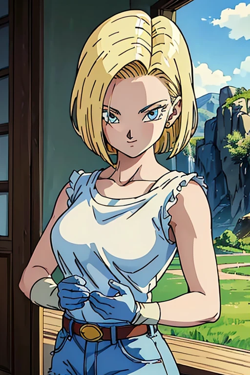 (masterpiece,Best Quality, 4K, 8k, Ultra delicate, masterpiece:1.2), Super detailed, (Realistic, photoRealistic, photo-Realistic:1.37) , Dragon Ball Android No. 18,Created in Dragon Ball anime style,(Her hair is bright gold),Bob Hair,Show your forehead,Android 18 hairstyle,(Realisticな肌),smile, beautiful skin , Charming, beautiful details in her eyes ,Beautiful light blue eyes,white camisole, short denim,Tucked in,gloves,Hammer,( Rock Field),Sunshine spot 1.3,アートスタイルはCharmingなアニメスタイルに似ている, rendering, HDR must be added for better visual effects  ,Ultra delicate,  STUDIO LIGHTING , Fine painting,  sharp concentration, 物理ベースrendering, professional,  bright colors ,(((Best Quality))), ((Super detailed)),((masterpiece:1.5)), Detailed Photos, (Best Quality: 1.4), Ultra delicate, High image quality,Perfect means,Perfect body,Perfect means