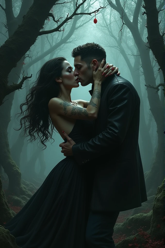 A muscular scary vampire lady with biceps and abs stood along with her lean, weak skinny human husband