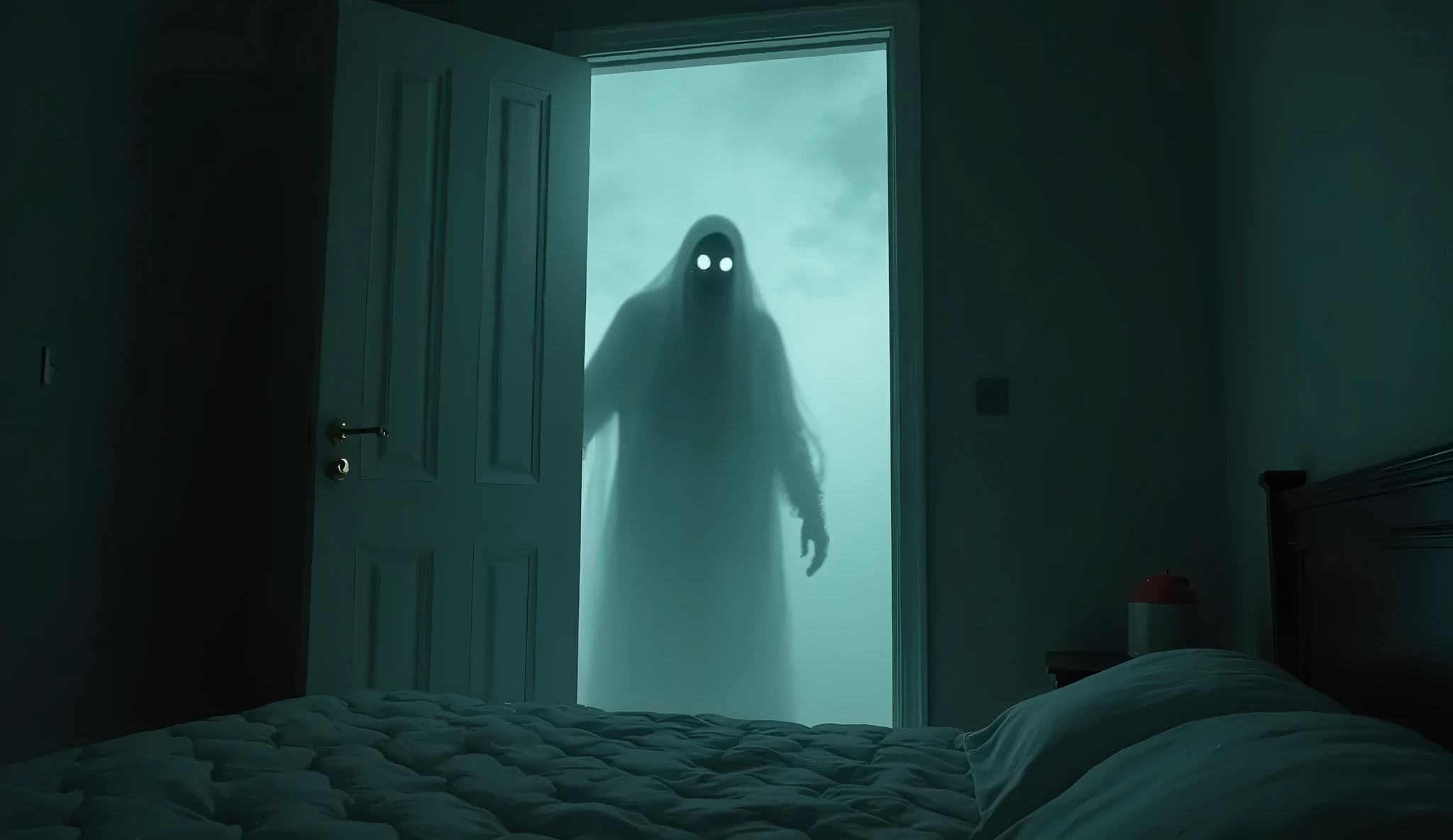 A sinister spectral figure emerging from a dark closet towards the viewer, with eyes glowing faintly in the darkness. The scene is permeated with an eerie blue light, which increases the supernatural feeling. atmosphere of fear and horror