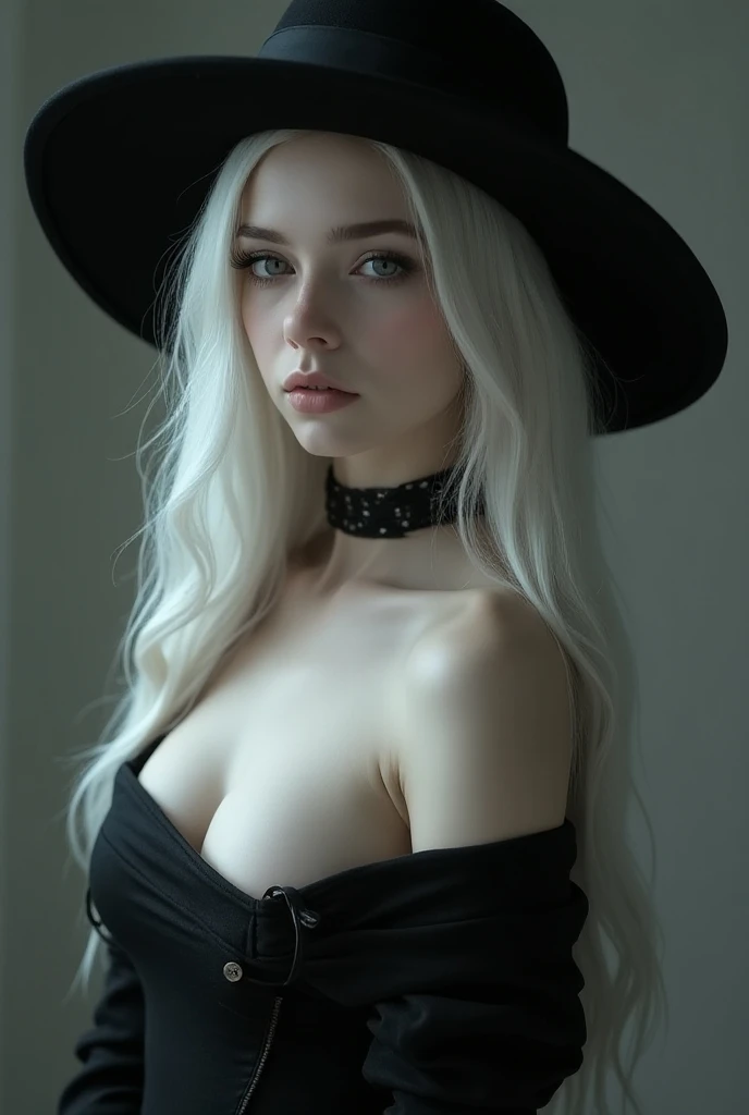 Female character with long loose white hair wearing a black sun hat with a black strapless shirt and a garter on her leg 