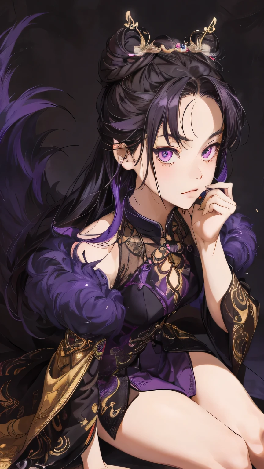 Masterpiece , best quality, 1 Xiao Wu , Face Color Looks Cool , Strong, Golden Left Eye , Red Right Eye , Long hair, Black hair, Firm Eyes , foxy eyes , Front Photo , simple background, purple Background , Anime, illustration, Full body , bun hair , sit on purple garden , full detail , golden hair accessories 